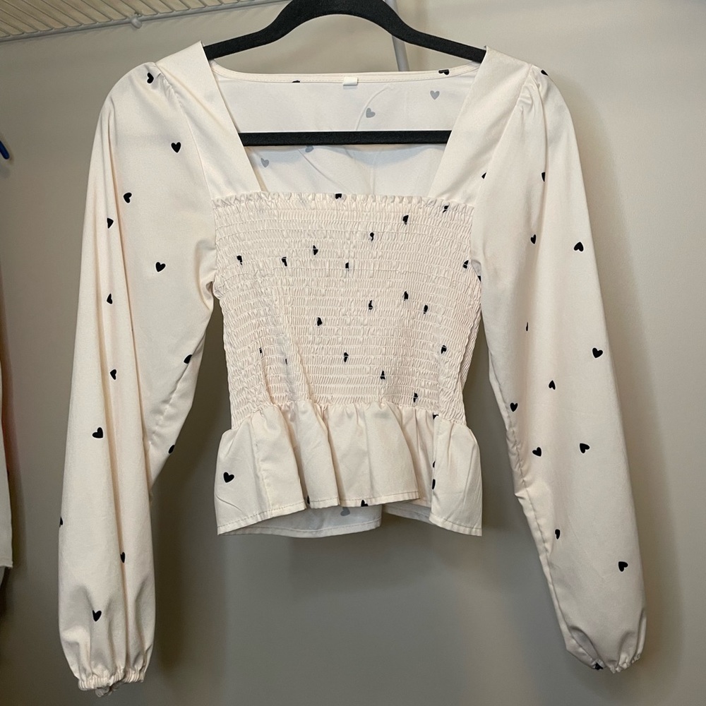 White Long Sleeve Shirt with Black Hearts